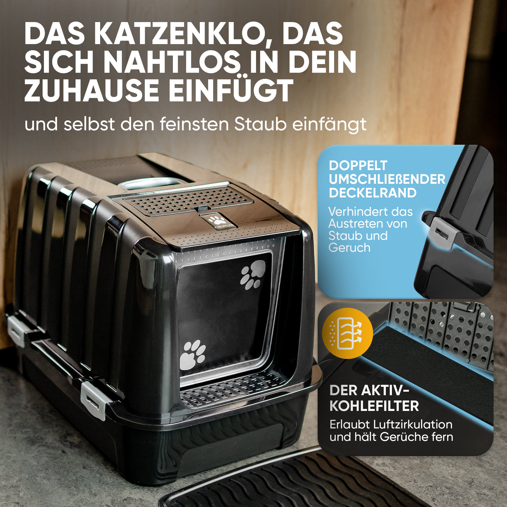 Katzenklo mit Deckel und Aktivkohlefilter NERO, schwarz